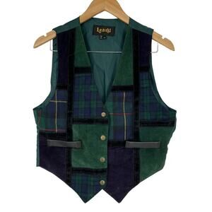 Vintage 90’s Learsi Vest Suede‎ Leather Plaid Patchwork Green Small